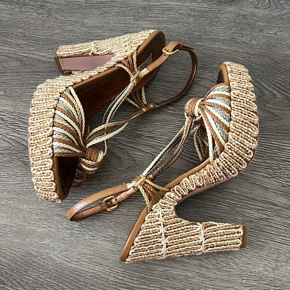 Prada Brown, Tan and Cream Braided Platform Sandals - Picture 7 of 14
